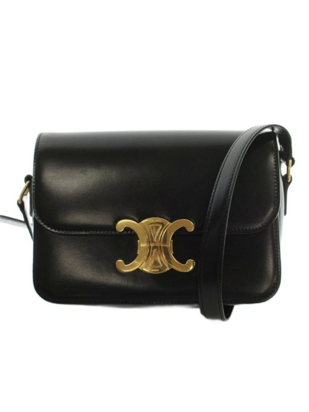 Celine Teen Triomphe Bag Shiny Calfskin Shoulder Leather Logo Bicolor Black
